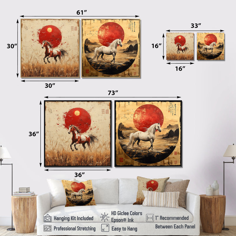 «Horse Horse Plains I» par le Japon, art mural cheval, art mural moderne pour le salon, 2 pièces, H 16 po x l 33 po, Brun