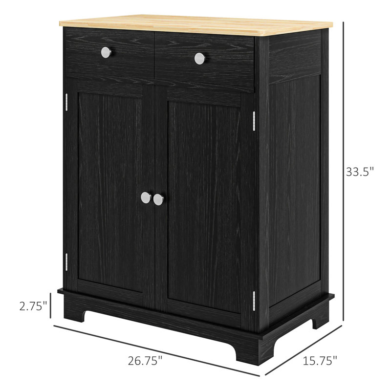 Buffet noir vieilli avec portes - Plateau en bois massif, 2 tiroirs, tablette réglable pour le rangement de la cuisine, portes modernes, couleur