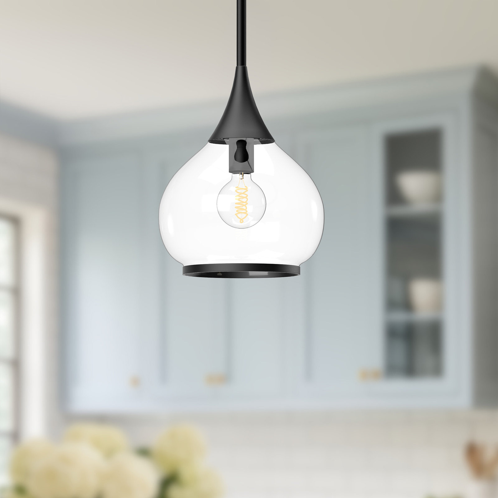 Hazel Single Light Glass Pendant, Clear, Matte Black, 63" H x 10" W x 10.13" D
