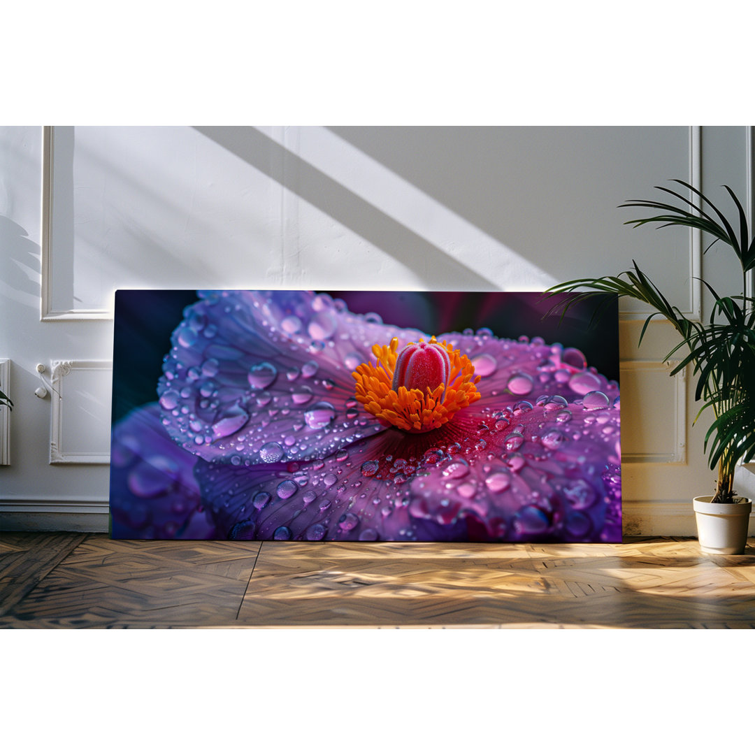 Wandbild 120x60cm Nahaufnahme Wassertropfen Blume Blüten Violett