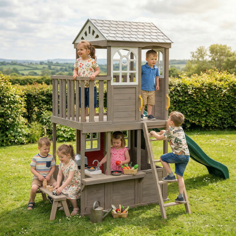 Two-Story Outdoor Playhouse for Kids, Wooden Kids Playhouse with Slide, Bench, BBQ Play Kitchen, Flat-Step Ladder, Lookout Platform and Clock for Age 2+ Backyard Play, Brown