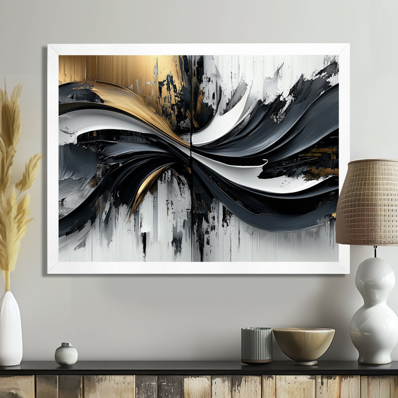 Goldern Black Shifting Ink Waters II - Art mural moderne transitionnel abstrait, H 12 po x l 20 po, Cadre de photo unique