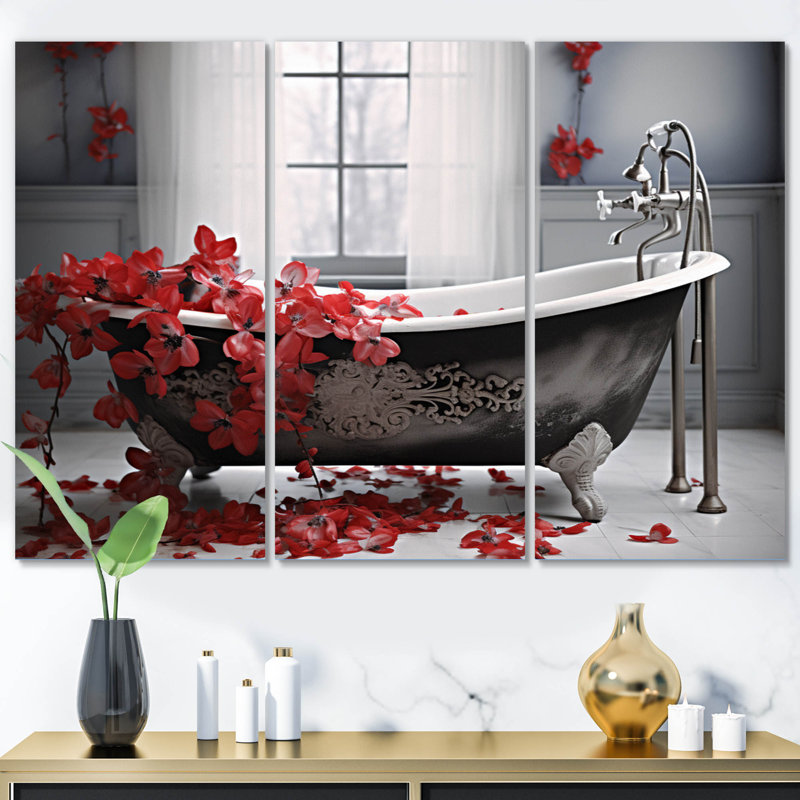 «Red Floral Bath I» sur toile, reproduction de 3 pièces, H 40 po x l 60 po x P 1 po
