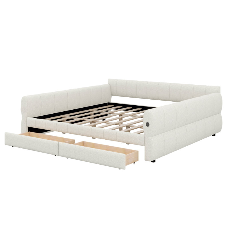 King Size Daybed With 2 Storage Drawers, Upholstered Daybed With USB, Platform Bed For Bedroom, No Box Spring Needed, White