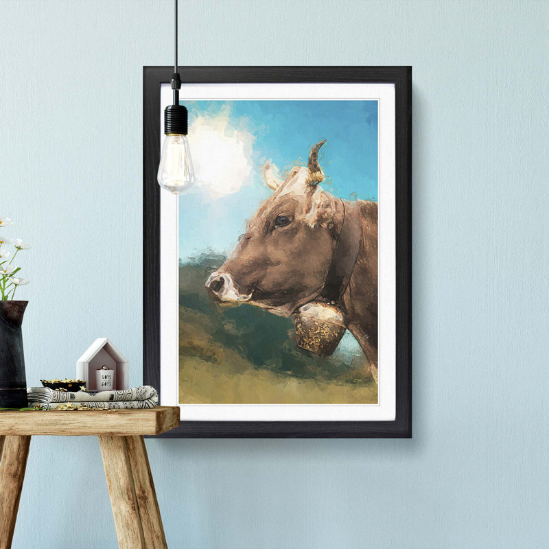 Alpine Cow in the Summertime in Abstract - Picture Frame Painting Print, 65cm H x 48cm W x 2cm D, Black Framed
