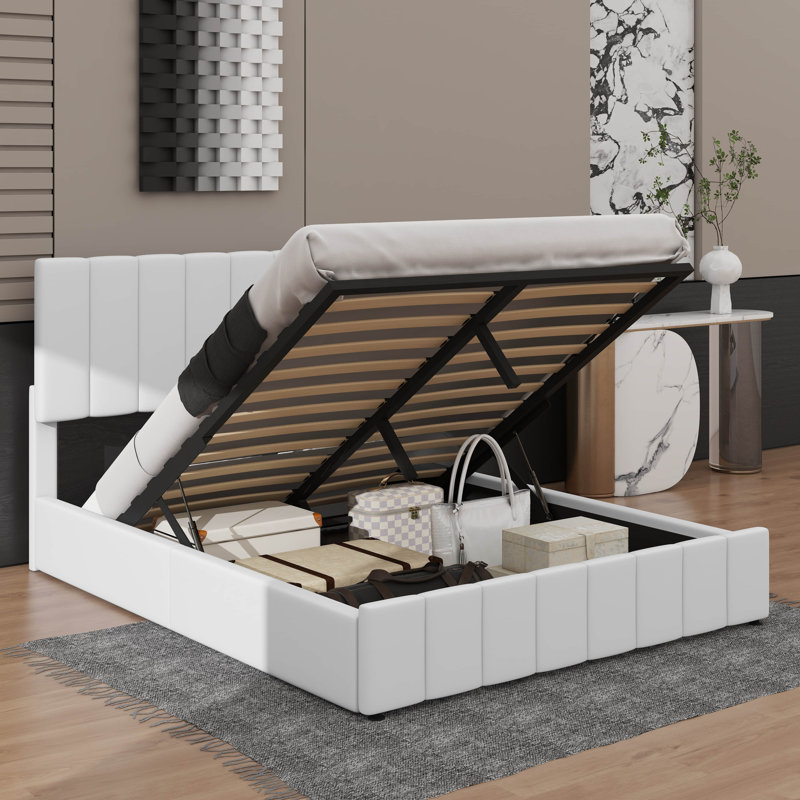 Lit plateforme tapissier luxueux avec rangement à levage hydraulique, Double, Blanc