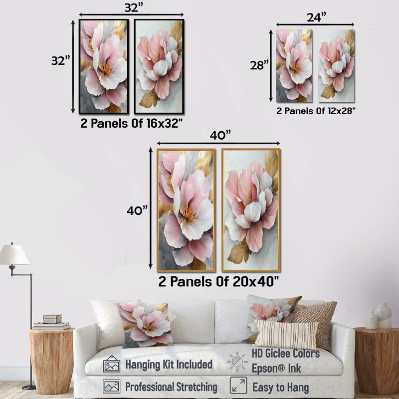 Blanc et rose, pivoines élégantes I - Collection de 2 panneaux muraux floraux, H 28 po x l 25 po, Toile tendue