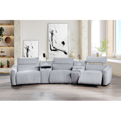Canapé modulaire de style moderne pour l'intérieur, canapé modulaire à mouvement électrique avec console, offrant des chargeurs sans fil, des porte-gobelets, des haut-parleurs, un support pour téléphone et une lampe de lecture pour un confort accru
