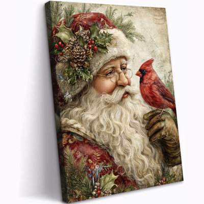 Reproduction d'art sur toile de Noël - Père Noël classique avec une scène d'hiver cardinal