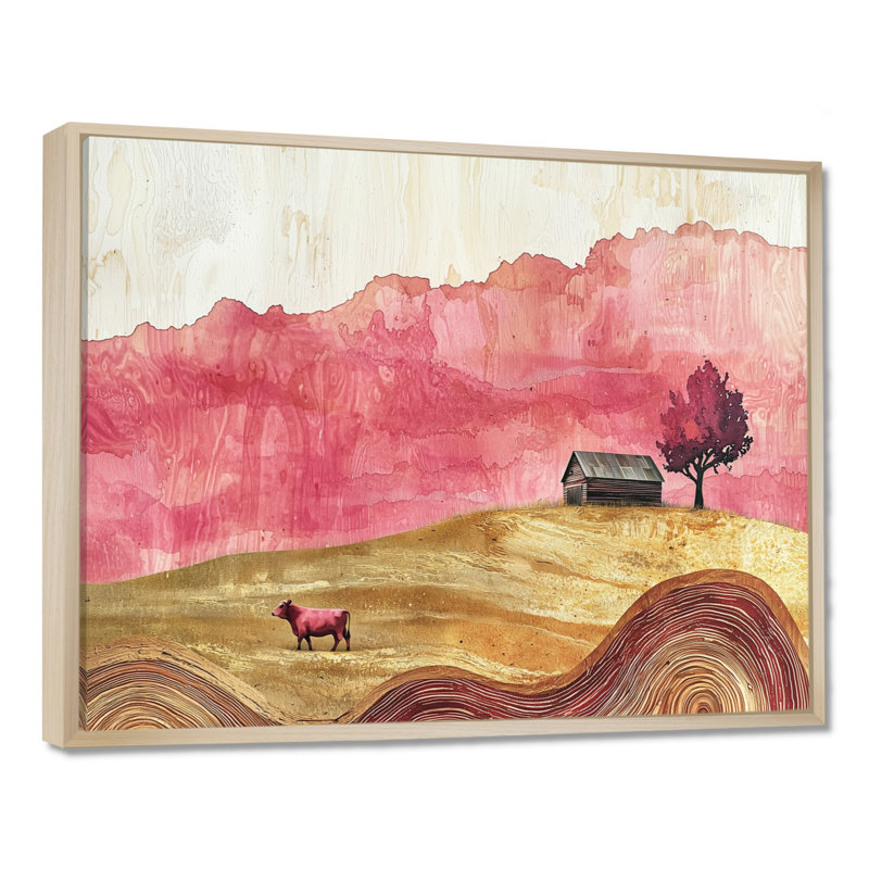 Grange aux roses avec champ de vaches - Paysage I - vache, œuvre d'art murale, H 24 po x l 32 po, Cadre flottant