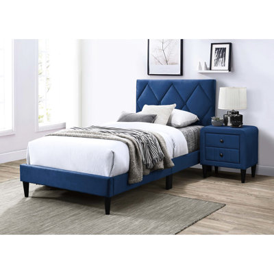 Twin Bed In Velvet - 12 Slat Stable Support & Adjustable Head Navy Blue Robust Base