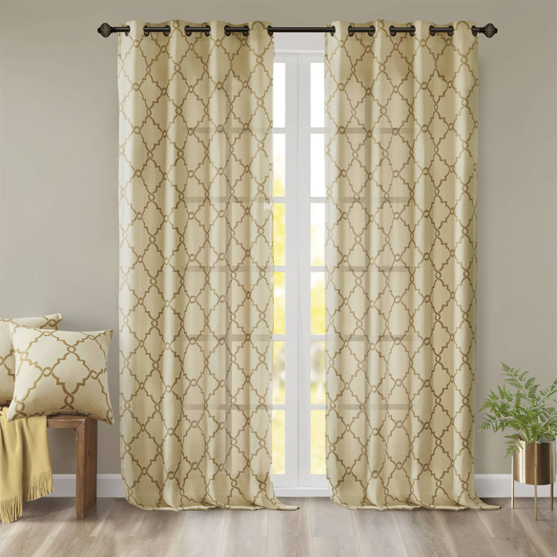 Saratoga Fretwork Print Grommet Top Single 50x63" Window Curtain Panel, 50" W x 63" L, Beige/Gold
