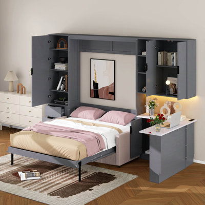 Grand lit escamotable avec bureau, tablettes et tiroirs, lit escamotable avec canapé, USB et 2 coussins, cadre de lit escamotable en bois