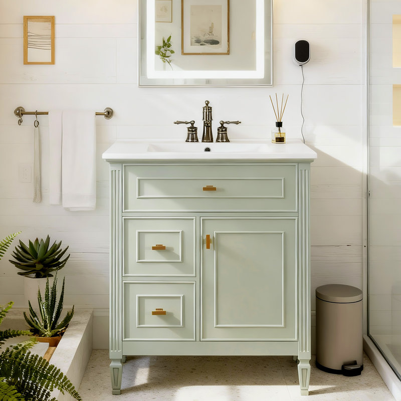 Meuble-lavabo de 30 pouces avec lavabo en céramique, armoire en bois massif et bois aggloméré, 1 tiroir rabattable, 2 tiroirs
