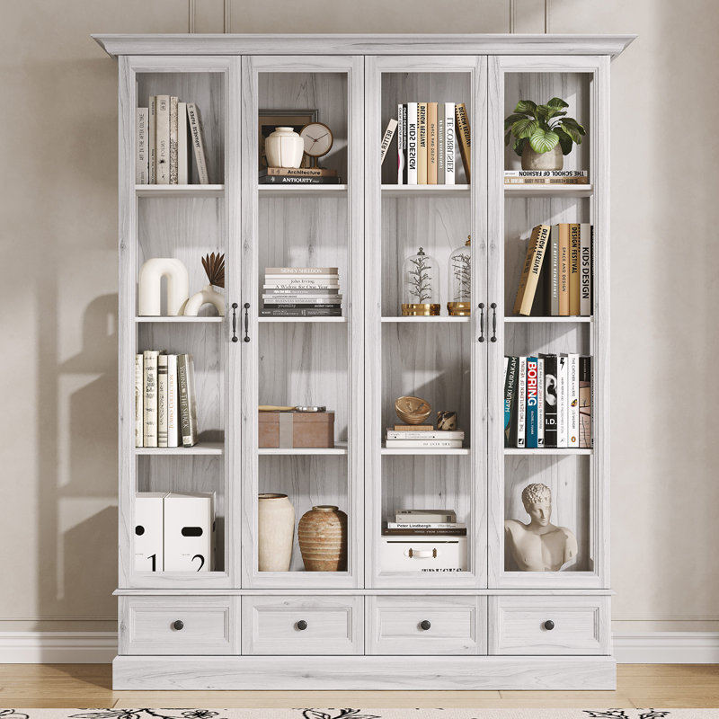 78” Tall Bookcase with 8 Shelves & 4 Drawers, Pantry Cabinet with Glass Doors, Gray, Gray
