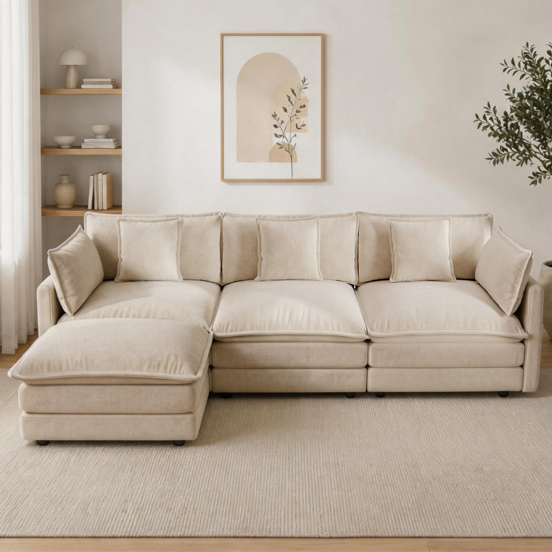 Canapé modulaire en chenille de L 104 po avec repose-pieds réversible, Chenille café clair, H 34,6 po x l 104 po x P 32,6 po