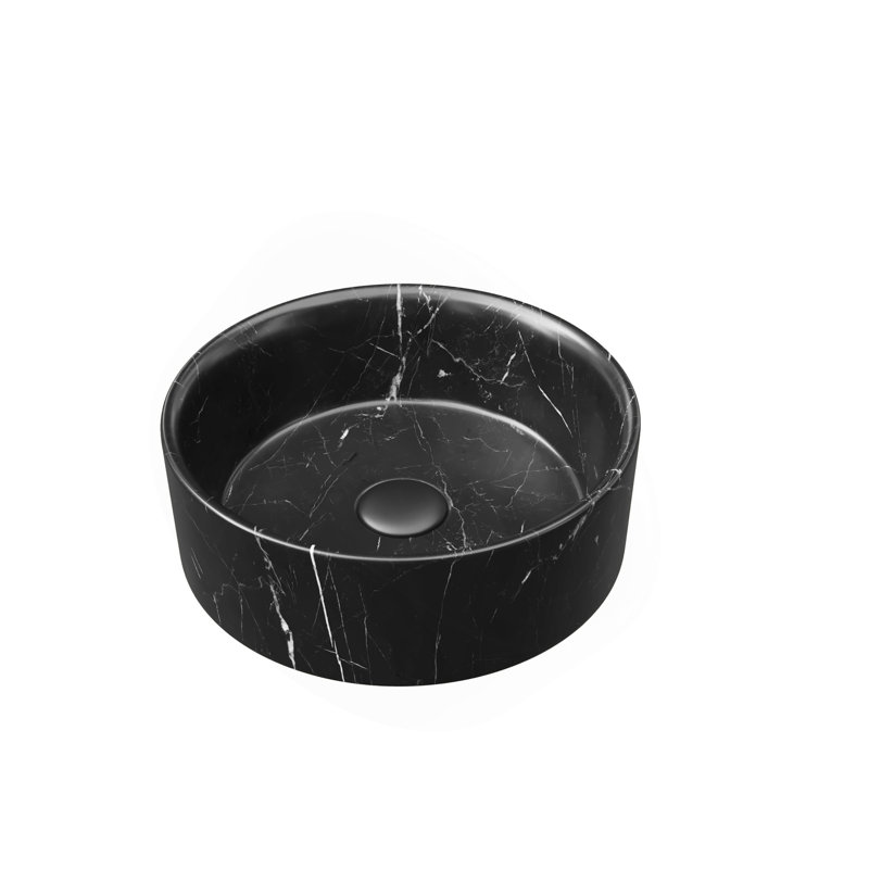 14"Bathroom Round Ceramic Sink With Stone Pattern, No Faucet No Cabinet, Matte Black, Black