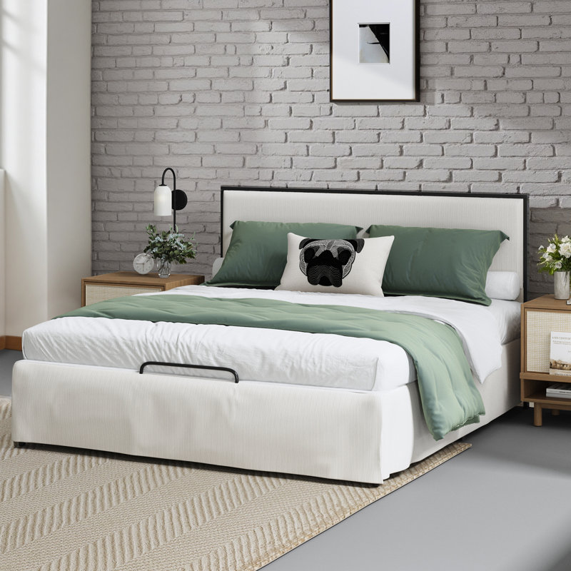 Lit plateforme tapissier en métal avec housse lavable Bakstran H 43,5 po, Très grand