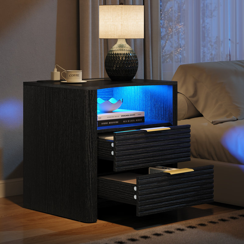 Fluted Night Stand With 2 Large Drawers, Modern Bedside Table With Open Storage Shelf, End Night Stands For Bedroom, Living Room