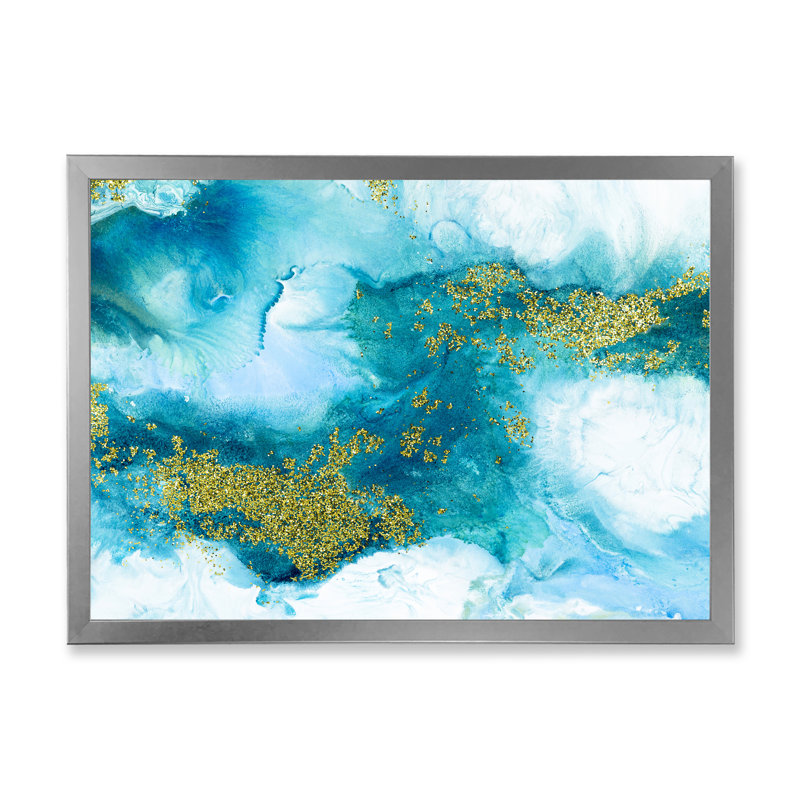 «Blue with Gold Glitter Creative Abstract», peinture sur toile, H 16 po x l 32 po x P 1 po, Cadre photo argenté