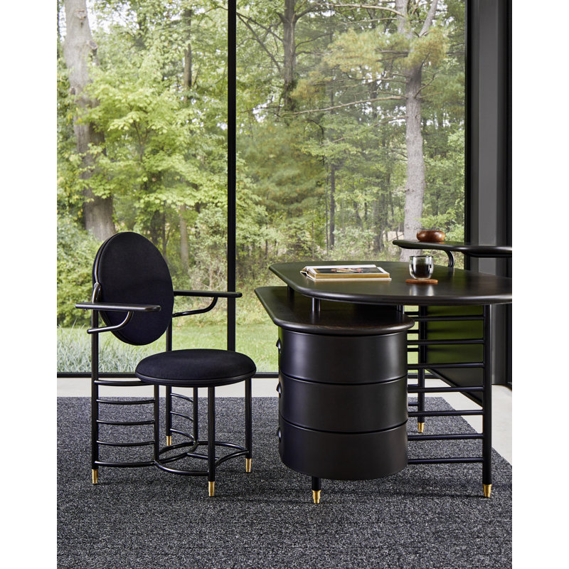 Frank Lloyd Wright Racine Signature Guest Chair with Arms, Ink 100% Polyester, Obsidian