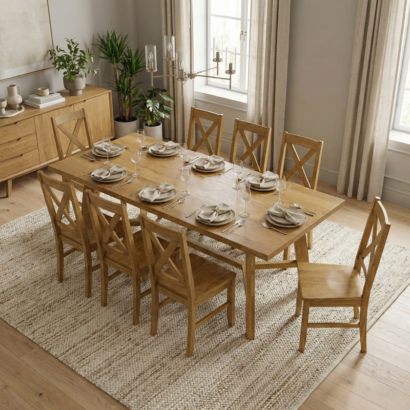 Ensemble de table de salle à manger Oaklyn, 9 pièces : table, 8 chaises, Bois jaune clair