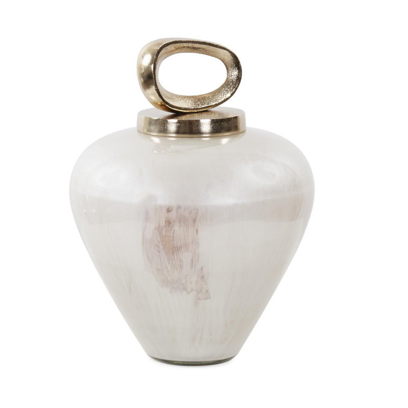 Reza Glass Urn with Ornate Metal Top- Large, 12" H x 9.5" W x 9.5" D