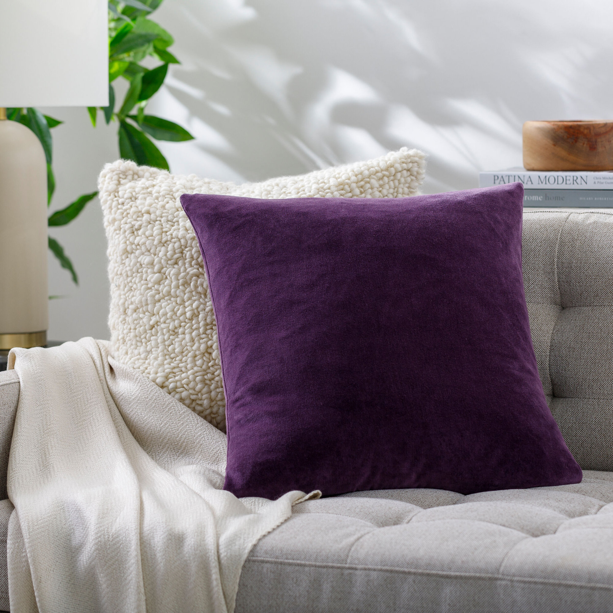 Denny Velvet Throw Pillow , 20"H x 20"W, Purple, Polyester/Polyfill