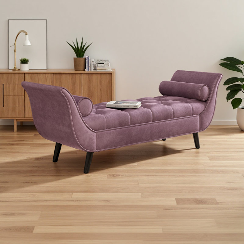 Upholstered Velvet Bench, End Of Bed Bench With 2 Pillows, Upholstered Button Tufted Ottoman,Footstool With Rolled Arms