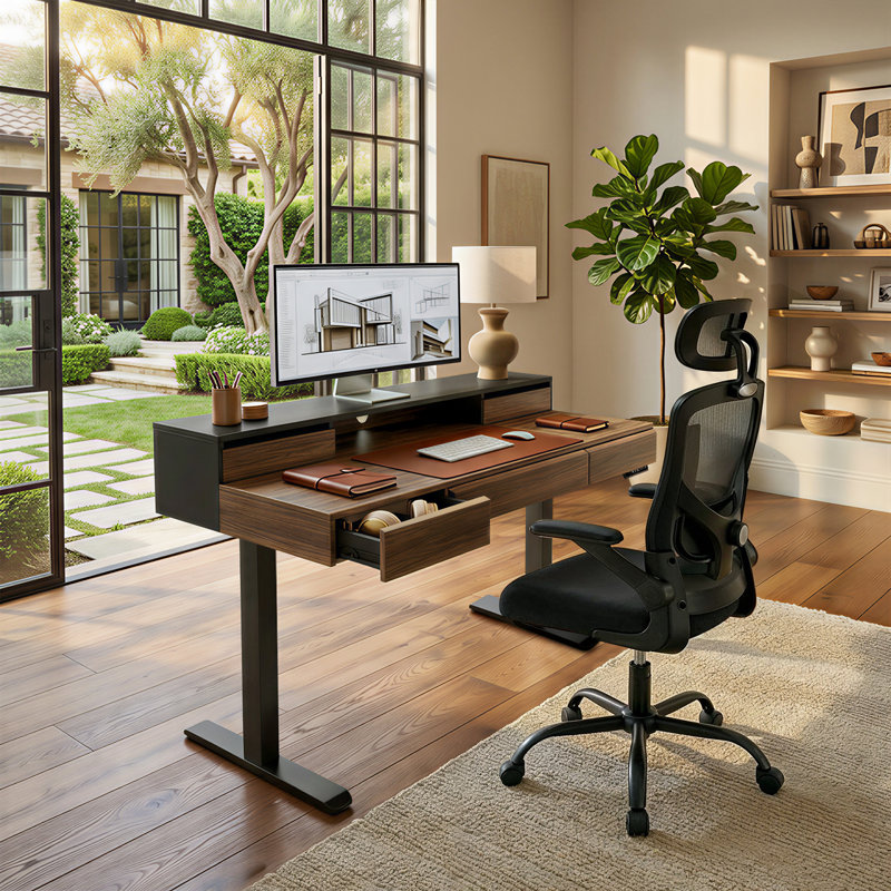 Electric Height-adjustable Desk & Chair Set, 5-drawer Height-adjustable Desk & Ergonomic Office Chair, Black/Brown