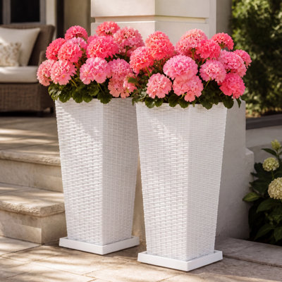 24 inch Tall Planters with Saucers White