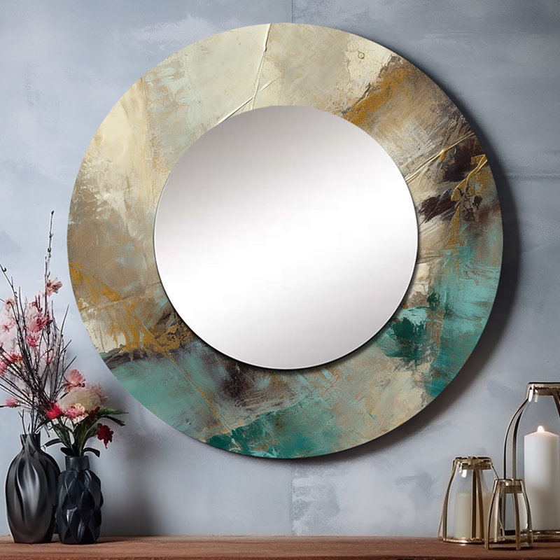 Beige And Green Forms In Painting I - Beige Modern Wall Mirror, Round, 36" x 36"