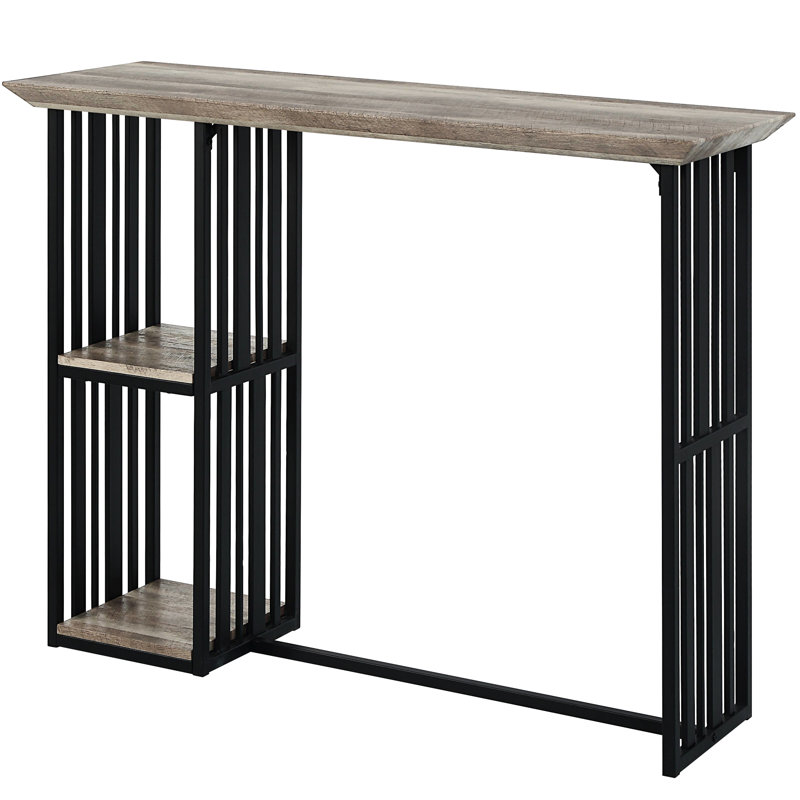 Table à hauteur de comptoir avec plateau en chêne et 2 tablettes - Base en métal noir sablé 2 tablettes pour une utilisation polyvalente