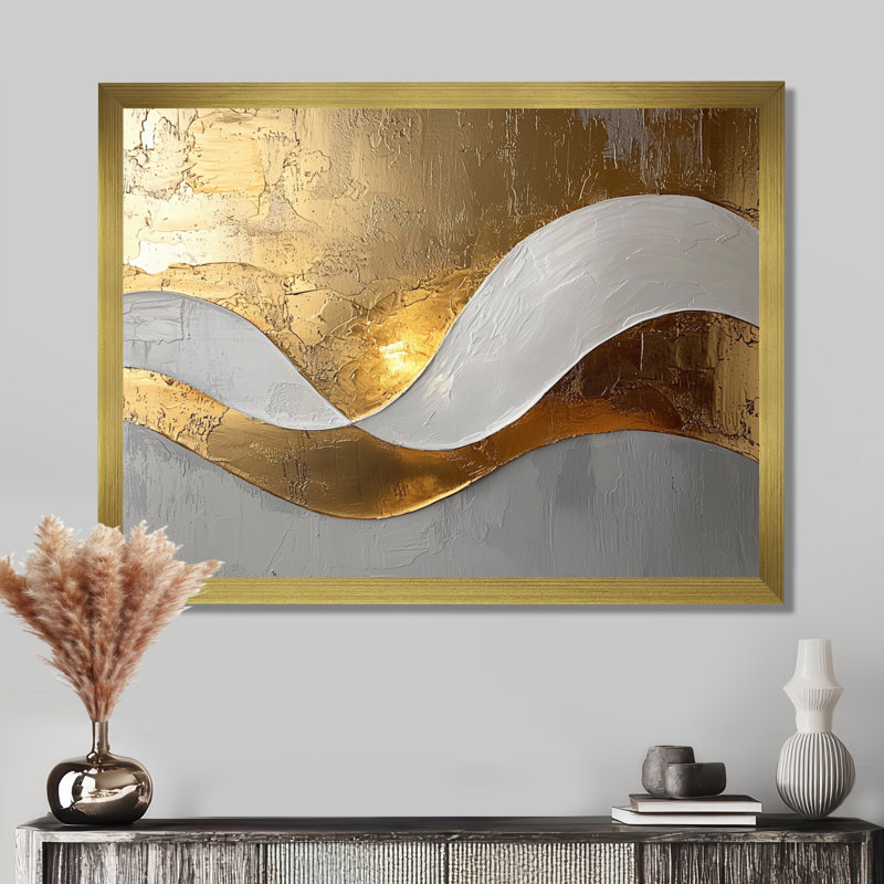 Amaro I - Abstract Large Wall Art, Cadre simple, H 16 po x l 32 po, Doré