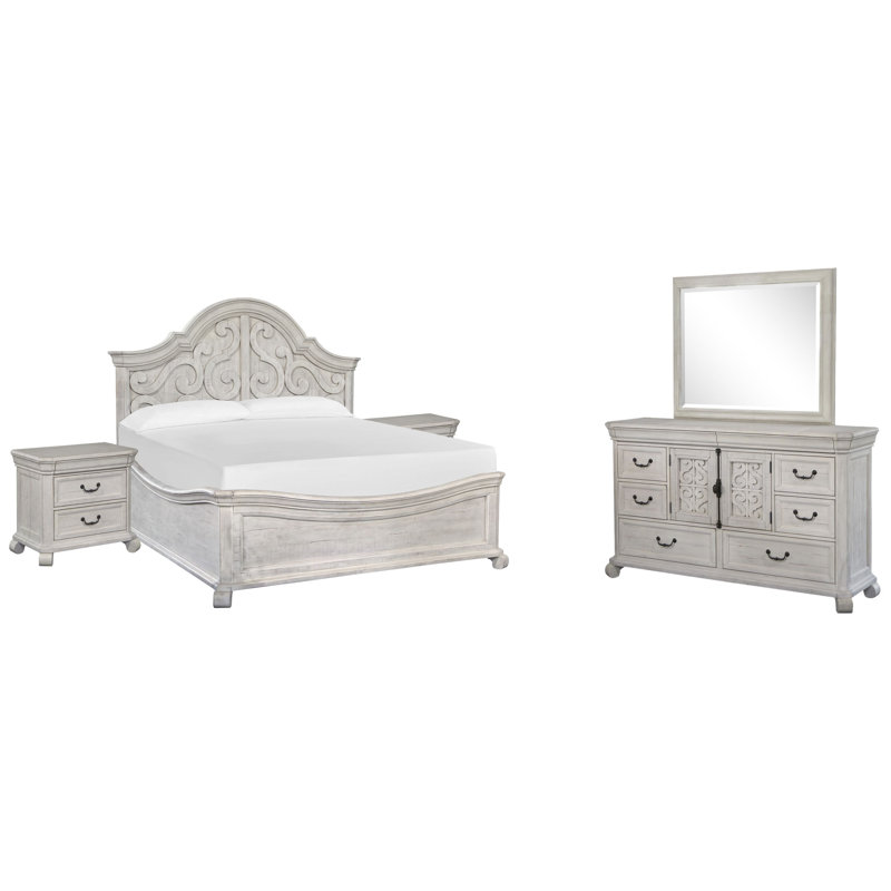 Très grand lit à panneaux avec 2 tables de chevet et commode avec miroir, Très grand