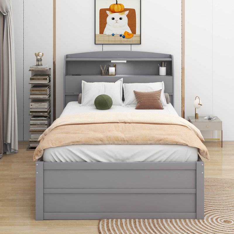 Lit plateforme en bois avec lit gigogne, tête de lit et tiroirs à DEL, Lit simple, Gris
