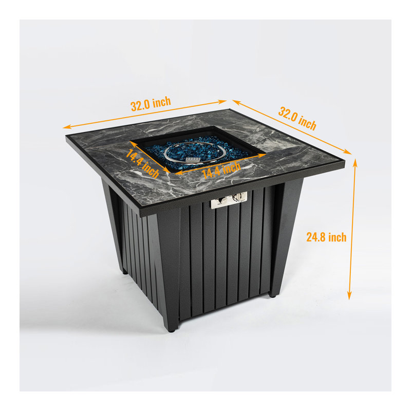 32inch Outdoor Square Propane Fire Pit Table with Blue Glass Beads, Rain Cover and Glass Wind Guard