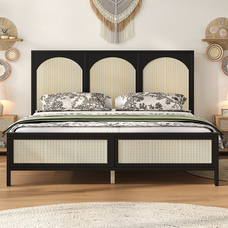Lit plateforme en bois avec tête et pied de lit en rotin, Très grand lit, Noir