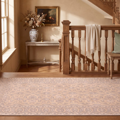 Tapis traditionnel Onyx à motif floral intégral gris crème ivoire beige rose, lavable à la machine, antidérapant, à poils courts, adapté à l'intérieur et à l'extérieur, pour salon, chambre, salle à manger, entrée, couloir, bureau
