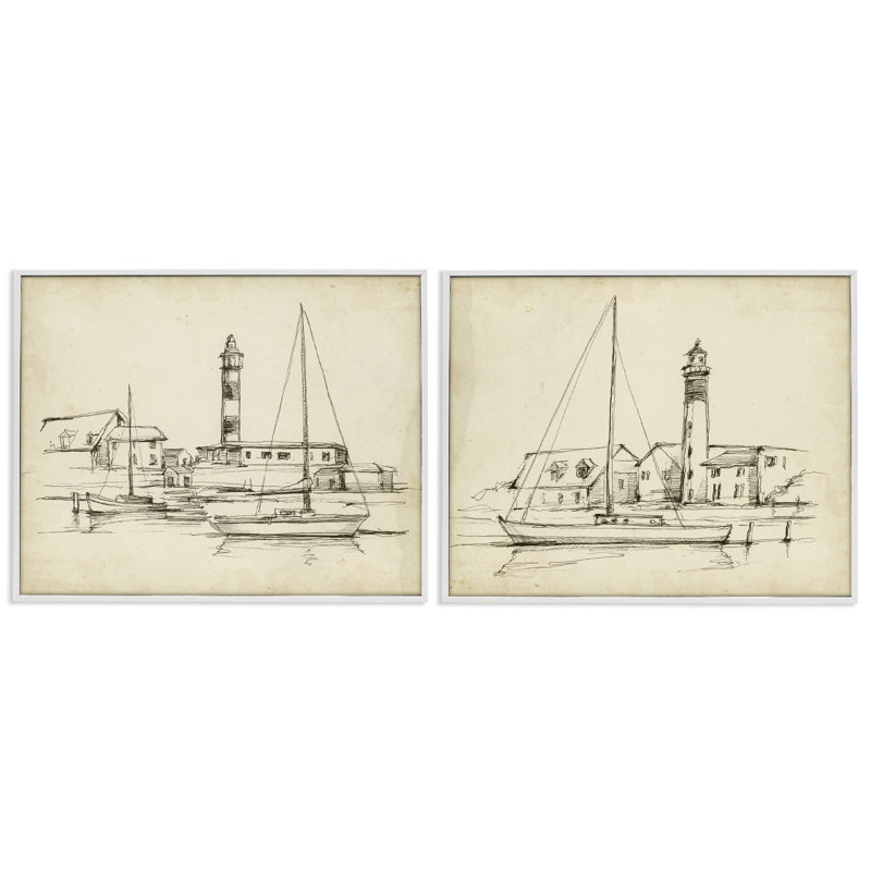 Ensemble de giclées encadrées, 2 pièces, par Ethan Harper, H 11 po x l 28 po, Estampe numérique encadrée blanc bord de mer
