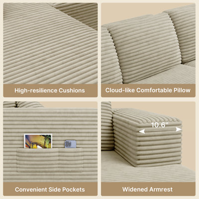 L-shaped movable sofa, no installation required, Ergonomically designed chair with corduroy fabric, Side storage pockets, and 32D High-Resilience Sponge
