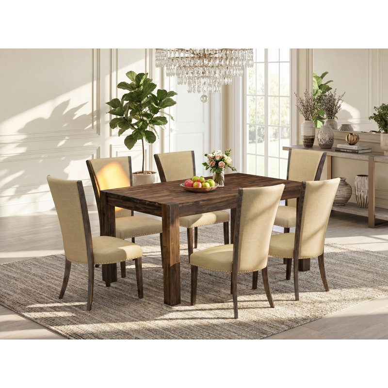7 Piece Dining Set Consists of a Rectangle Rustic Wood Dining Room Table and 6 Brown Linen Fabric Upholstered Chairs, 36x60 Inch, Jacobean