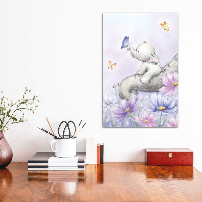 Elephant With Butterfly by Makiko - Painting, Wrapped Canvas, No Mat, 12" H x 8" W x 0.75" D