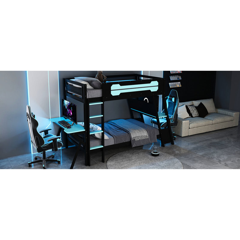 Lit superposé simple bleu nuage avec bureaux de jeu doubles, intégré et idéal pour étudier, idéal pour les étudiants, ports de charge intégrés, rangement pour les joueurs, couleur