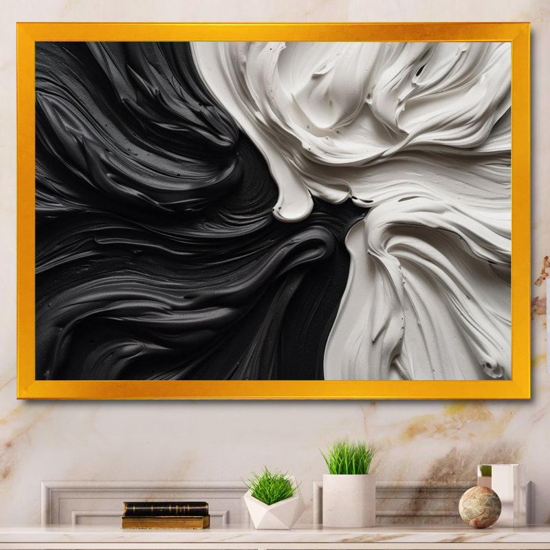 Noir et blanc marbré Dreamscape IV - art mural abstrait géométrique, Reproduction avec cadre flottant, Doré