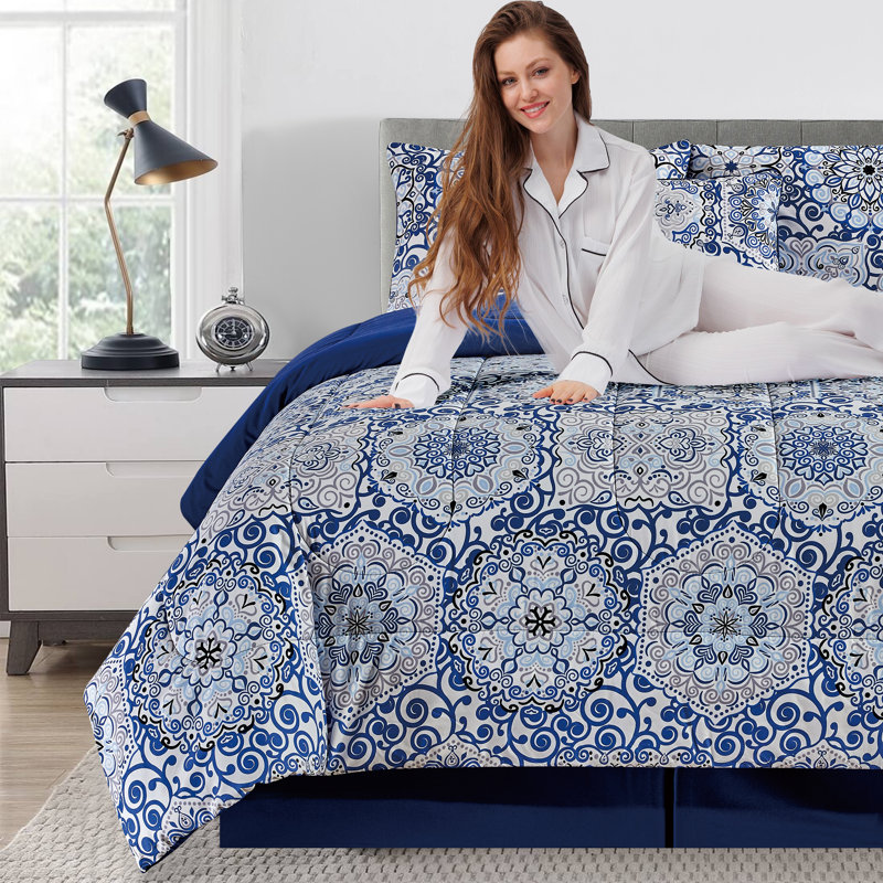  Ensemble d'édredon réversible 5 pièces avec taie décorative et jupe de lit, Édredon simple + 4 pièces supplémentaires