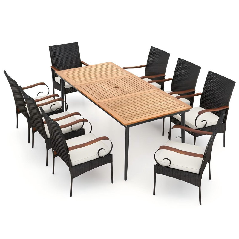 9 Pcs Patio Dining Table Chair Set, 79 In. L Dining Table With Umbrella Hole