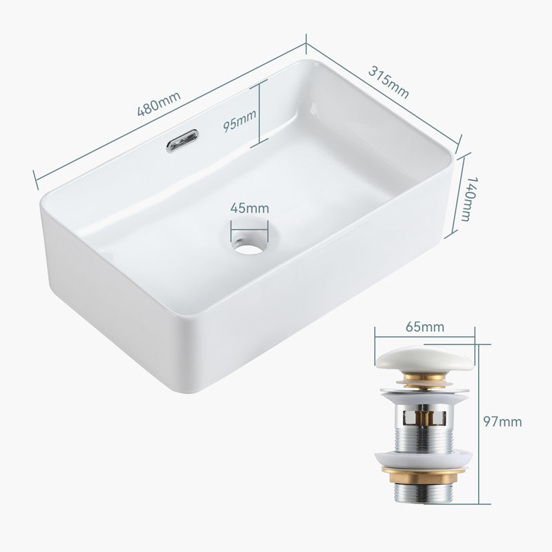 HOROW Neidlinger Ceramic Rectangular Sink with Overflow, 14cm H x 56cm L x 31.5cm W