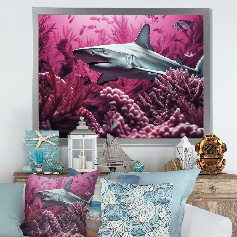 " Hammerhead Purple Sharks ", Silver Single Picture Framed, 34" H x 44" W x 1.5" D