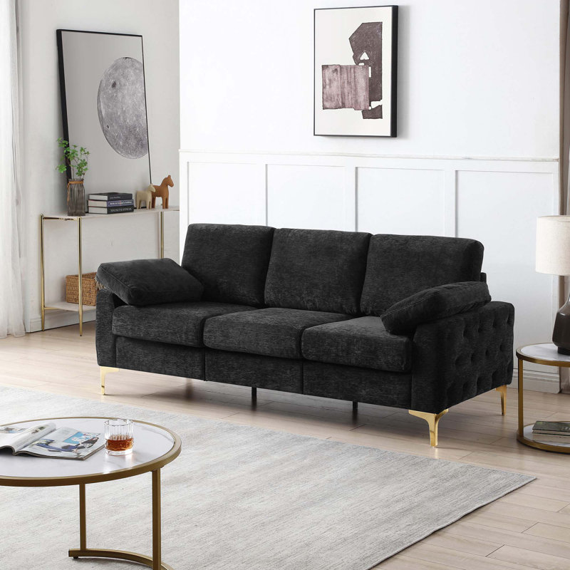 Modern Chenille Upholstered Fabric 3-Seat Lothair With Pillow, Tissu noir